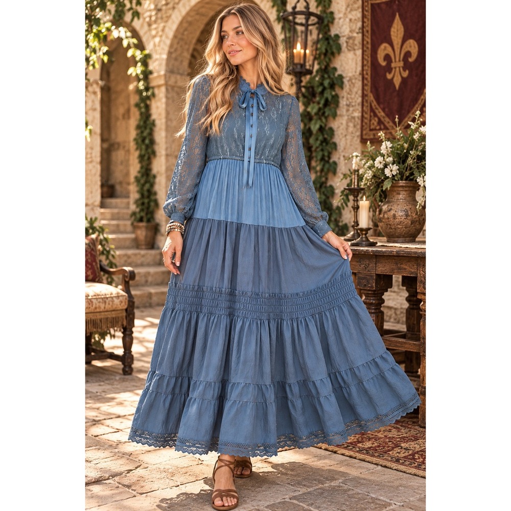 Vintage Cotton lace mixed media Maxi Long Sleeve Dress  Boho Western Prairie LG
